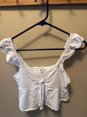White Tie-Front Ruffle Sleeve Crop Top